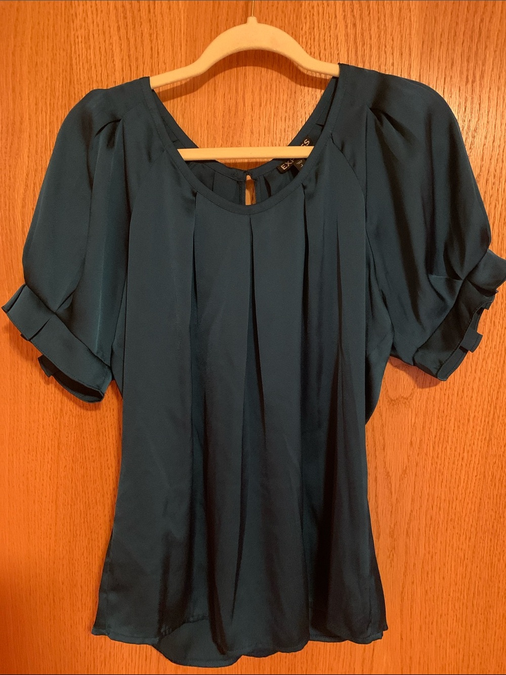 Express Teal Pleated Short-Sleeve Blouse